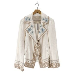 Johnny Was Cream Linen-Blend Embroidered Blazer with Blue Floral Detail